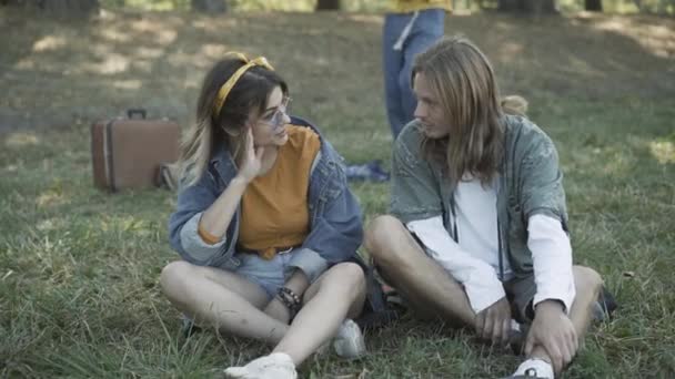 Positiva par hippies sitter på grön sommaräng och talar som suddig kvinna spelar ukulele i bakgrunden. Brett fotograferat porträtt av kontrakulturälskare som pratar utomhus. 1960-talskoncept. — Stockvideo