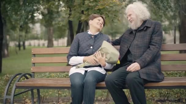 Šťastný milující pár důchodců, kteří si povídají v podzimním parku. Pozitivně se usmívající starší běloch, muž a žena, randí venku. Radostná žena a manžel si užívají volný čas. Láska a sounáležitost. — Stock video