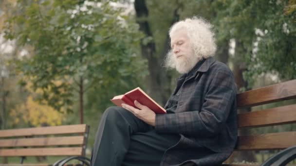 Side view of concentrated senior man sitting on bench in autumn park reading book. Absorbed Caucasian male retiree enjoying hobby outdoors on retirement. Lifestyle and intelligence concept. — Stock Video