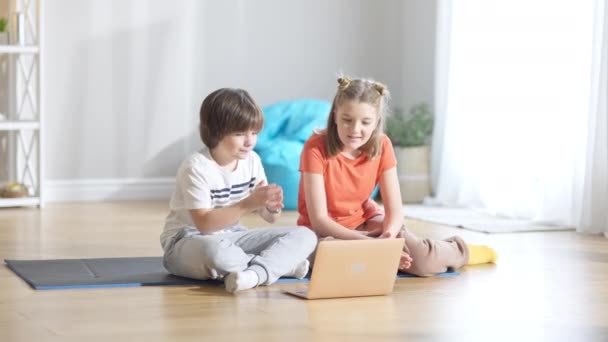 Portret zrelaksowanych dzieci rasy kaukaskiej siedzących w domu z laptopem rozmawiających. Szerokie ujęcie pozytywnych przyjaciół lub rodzeństwa oglądającego kreskówki online. Brat i siostra odpoczywają w domach w weekendy. — Wideo stockowe