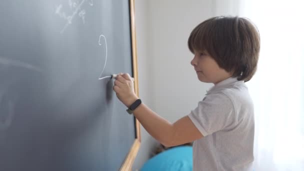 Portret radosnego białego ucznia rozwiązującego problem matematyczny na tablicy szkolnej i uśmiechającego się wskazującego niewłaściwe rozwiązanie. Słodki brunetka chłopiec uczy się w klasie w szkole. Koncepcja edukacji. — Wideo stockowe