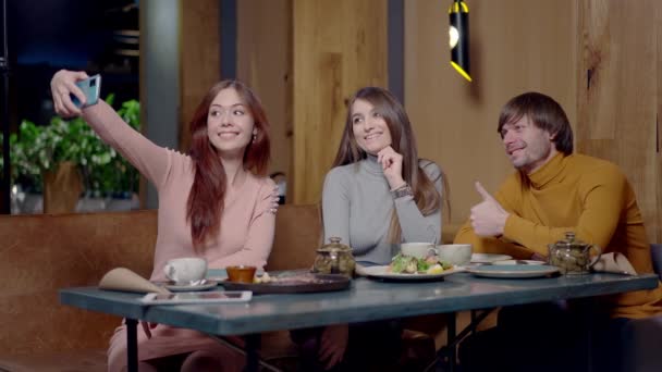 Positive relaxed Caucasian friends taking selfie sitting at table in restaurant. Portrait of happy carefree men and women meeting in cafe. Friendship and lifestyle concept. — Stock Video