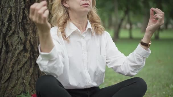 Onherkenbare blanke blonde zakenvrouw zittend in lotus poseren op zomerweide in park. Gelukkige ontspannen slanke vrouw meditatie op vakantie buiten. Lifestyle en rust concept. — Stockvideo