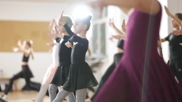 Gruppo di eleganti bambini caucasici che provano valzer in quarta posizione nella scuola di ballo. Fidanzati ragazzi e ragazze esperti che camminano al rallentatore in studio di danza. Prove e concetto di arte. — Video Stock