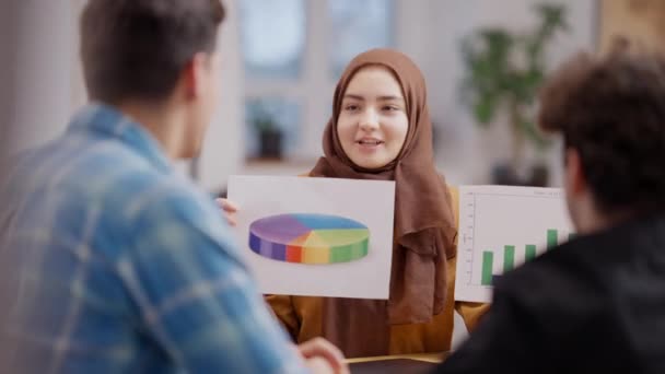 Mujer musulmana moderna con pañuelo en la cabeza mostrando gráficos y hablando sentado en la cafetería con los hombres. Joven empresaria confiada presentando startup y estrechando la mano con socios comerciales. Concepto de éxito. — Vídeos de Stock