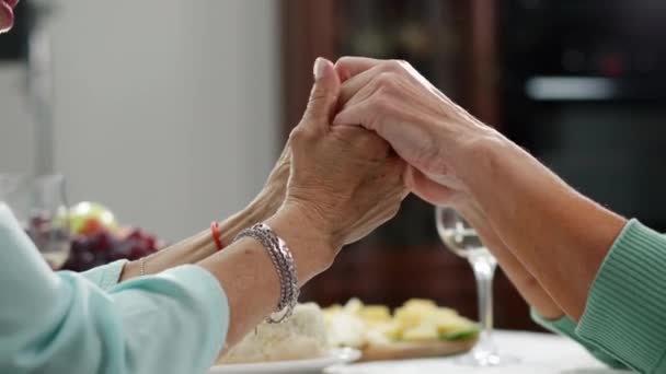 Primer plano de las manos mayores femeninas acariciando palmas amigas. Jubilados caucásicos irreconocibles apoyándose mutuamente compartiendo problemas en el interior de casa. Apoyo y amistad. — Vídeos de Stock