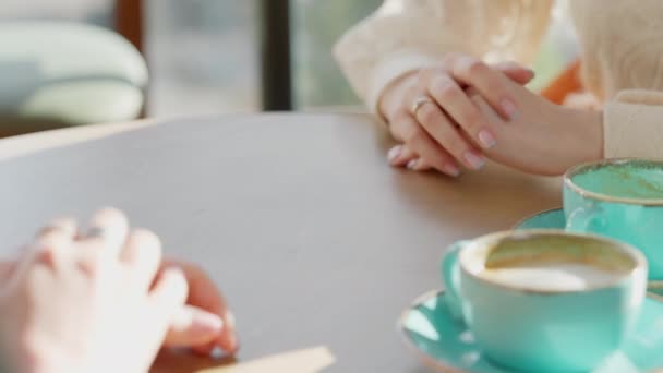 Dua wanita muda Kaukasia yang tak dikenal berpegangan tangan duduk di kafe dengan cangkir kopi. Mencintai pasangan lesbian yang bahagia beristirahat di restoran. Perempuan yang mendukung teman di dalam ruangan. — Stok Video