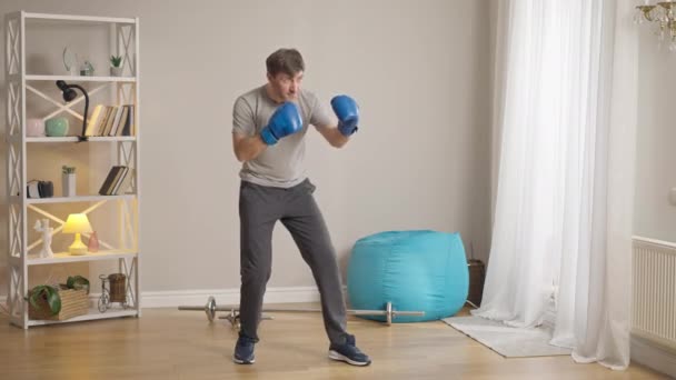 Amplio tiro de confianza guapo boxeador masculino en guantes de boxeo luchando sombra. Retrato de hombre fuerte caucásico concentrado entrenando en casa en sala de estar. Artes marciales y concepto de entrenamiento. — Vídeos de Stock