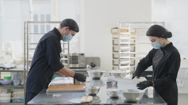 Vista lateral de dos confiteros concentrados que trabajan en la cocina de la tienda de dulces en cámara lenta. Muffins y pasteles jóvenes caucásicos para cocinar en interiores por brote pandémico de coronavirus. — Vídeos de Stock