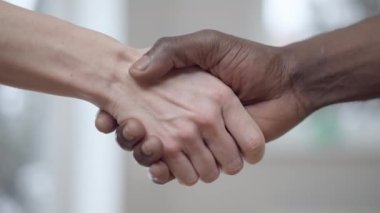 Beyaz kadın ve erkek Afro-Amerikan el sıkışması. Tanımlanamayan ırklar arası bir çift içeride el ele tutuşuyor. Uluslararası ilişki ve birlik kavramı.