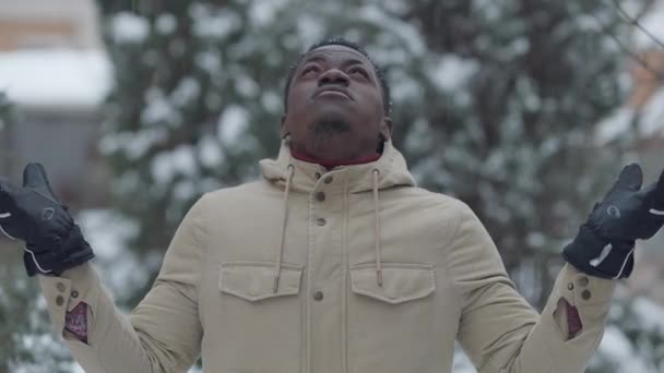Avslappnad afroamerikan stilig man njuter snöfall utomhus på kall frostig dag. Porträtt av en ung kille som tittar upp och tittar på kameran när snön faller. Livsstil och vinterfritid. — Stockvideo