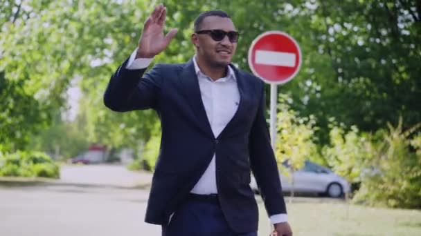 Alegre guapo joven exitoso saludando y sonriendo de pie en el parque de verano al aire libre. Retrato de un empresario afroamericano seguro y positivo en traje formal y gafas de sol. — Vídeos de Stock