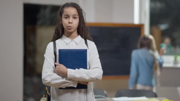 Retrato de tiro médio de colegial afro-americano bonito positivo com livro posando em sala de aula com colega de classe caucasiano borrado no fundo. Menina confiante feliz de pé na escola dentro de casa. — Vídeo de Stock