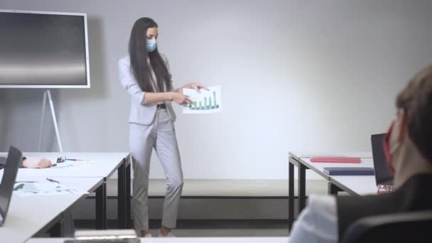 Wide shot of confident young successful businesswoman in Covid face mask explaining graphs in meeting room. Portrait of gorgeous Caucasian CEO presenting business strategy in office on coronavirus. — Stock Video