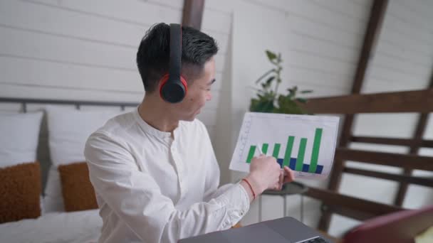 Souriant jeune homme chinois dans les écouteurs pointant vers graphique parler en utilisant la conférence virtuelle sur ordinateur portable dans le bureau à la maison. Portrait de confiant positif asiatique consultant d'affaires communiquant en ligne. — Video