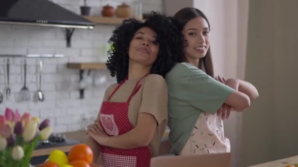 Die mittlere Einstellung zeigt selbstbewusste junge Frauen in Schürzen, die Rücken an Rücken lächelnd in die Kamera schauen. Porträt stolzer afroamerikanischer und asiatischer Freunde, die in der Küche posieren. — Stockvideo