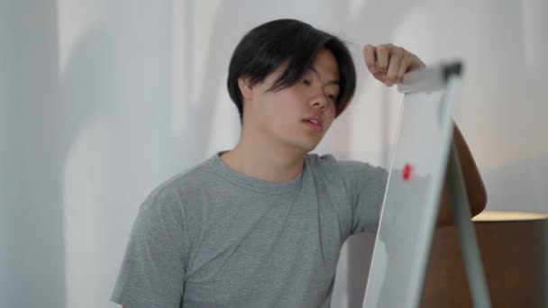 Portrait de triste épuisé jeune homme asiatique penché tête sur tableau blanc pensée. Fatigué entrepreneur surchargé de planifier la solution des problèmes de faillite au bureau à domicile. Concept de crise. — Video