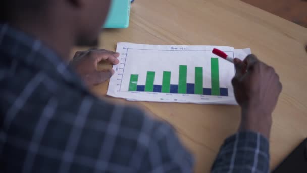 Tiro sobre o ombro do homem afro-americano que planeja a estratégia de negócio que aponta com a pena no gráfico na tabela. Ireconhecível pensativo homem de negócios inteligente em pijama pensando ideias em home office. — Vídeo de Stock