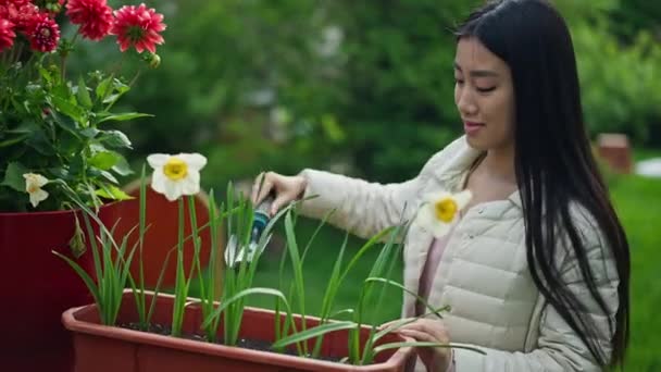 Vista lateral de una joven mujer asiática cavando terreno en maceta con una pequeña pala. Sonriente florista feliz mujer disfrutando de trabajar al aire libre en el jardín. Concepto de jardinería y florística. — Vídeo de stock