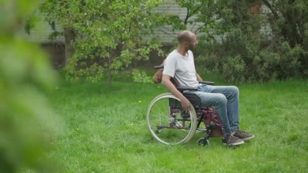 Vista lateral amplia toma de la confianza afroamericana hombre discapacitado montar silla de ruedas en el jardín de verano al aire libre. Jardinero masculino discapacitado serio mirando alrededor de ruedas rodantes. Discapacidad y hobby. — Vídeo de stock