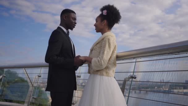 Vista lateral de la novia sonriente y el novio tomados de la mano mirándose el uno al otro con amor. Medio disparo de pareja afroamericana admirando pareja en la boda de verano al aire libre. — Vídeo de stock