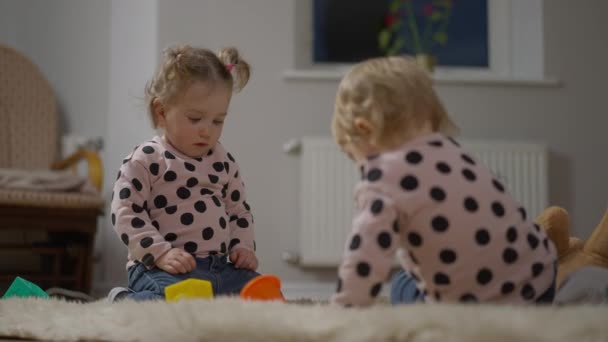 Charmante petite fille absorbée regardant vers le bas assis sur un tapis mou dans le salon. Portrait de mignon bébé caucasien reposant avec sœur jumelle à la maison à l'intérieur dans la soirée. — Video