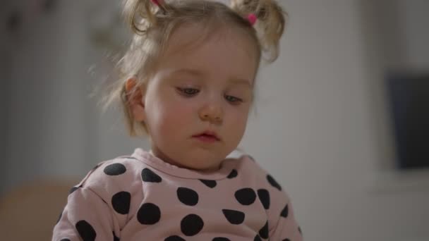 Retrato de cerca de una hermosa niña con colas de caballo mirando hacia abajo. Triste bebé rubio caucásico bastante lindo dentro de casa. Concepto de belleza e infantería. — Vídeos de Stock