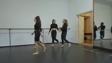 Canlı kamera, dans stüdyosuna giren ve barlara ağır çekimde yürüyen genç ve güzel kadınları takip ediyor. İçeride prova yapan dört neşeli Kafkas dansçısı. Sanat konsepti.