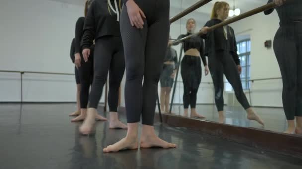Αγνώριστος επαγγελματίας δάσκαλος που δείχνει χορευτική κίνηση με ομάδα μαθητών στο barres στο παρασκήνιο. Λεπτός Καυκάσιος ξυπόλυτη γυναίκα κινείται το πόδι εξηγώντας κίνηση σε ομάδα χορευτών. — Αρχείο Βίντεο