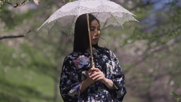 Портрет чарівної азіатської вродливої дівчини, що стоїть з білою парасолькою в весняному парку, звертається до камери і посміхається. Впевнена приваблива японська пані в кімоно, яка видає себе на вулиці.. — стокове відео