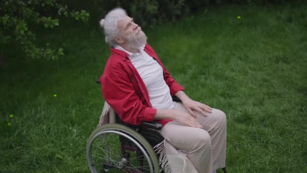 Vue en angle élevé de l'homme âgé barbu handicapé tenant les mains les yeux fermés priant. Religieux handicapés vieux caucasien retraité sur prairie verte d'été de printemps dans le jardin arrière-cour. Mouvement lent. — Video