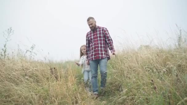 Amplo tiro de confiante positivo caucasiano jovem pai e pequena filha bonita andando no prado primavera outono de mãos dadas. Retrato de homem feliz e menina passeando no dia nublado ao ar livre. — Vídeo de Stock