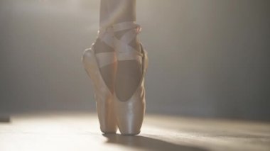 Sivri uçlu kadın ayakları arka plandaki sis içinde parmak uçlarında dikiliyor. Tanımlanamayan ince yetenekli beyaz balerin sahnede sahne ışıklarıyla gösteri yapıyor. Yavaş çekim.