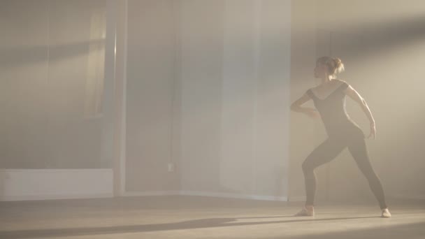 Wide shot portrait of graceful slim ballerina rehearsing performance in front of mirror in dancing studio backlit fog. Caucasian female ballet dancer moving in slow motion. Choreography art concept. — Αρχείο Βίντεο