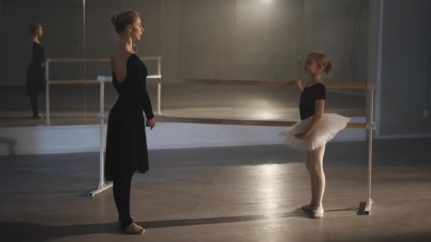 Side view wide shot of slim woman and inspired girl rehearsing eleve at barre in ballet studio. Confident Caucasian teacher and diligent motivated student repeating ballroom movement. — Stockvideo