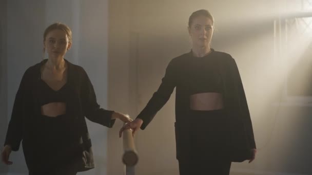 Medium shot of two gorgeous ballerinas walking to camera along barres and looking at each other. Artistic young beautiful Caucasian women rehearsing performance dance in backlit fog indoors. — Wideo stockowe