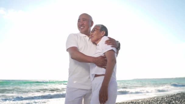 Átölelés ázsiai férfi és idős nő ölelés csodálta festői mediterrán tengeri táj álló napnyugtakor. Portré boldog fiú és anya turisztikai üdülőhely élvezi nyaralás. — Stock videók