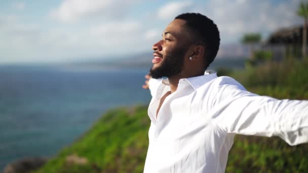 Vista lateral do feliz homem gay animado com as mãos esticadas admirando o pôr do sol no mar Mediterrâneo sorrindo. Retrato de relaxado afro-americano LGBT turista olhando para longe desfrutando de lazer. — Vídeo de Stock