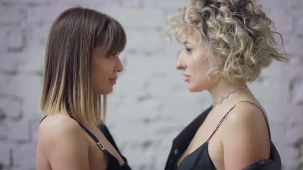 Vue latérale de deux lesbiennes passionnées qui se regardent en souriant. Gros plan portrait de heureux couple LGBT caucasien aimant admirant partenaire. Concept d'amour et diversité. — Video