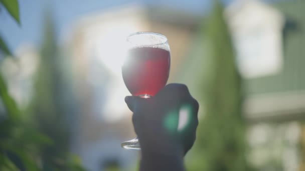 Close-up rood sap in zonnestralen bij vrouwelijke blanke hand buiten. Vitamine biologische verse drank in zonneschijn in zomerpark tuin. Natuur en gezond eten. — Stockvideo