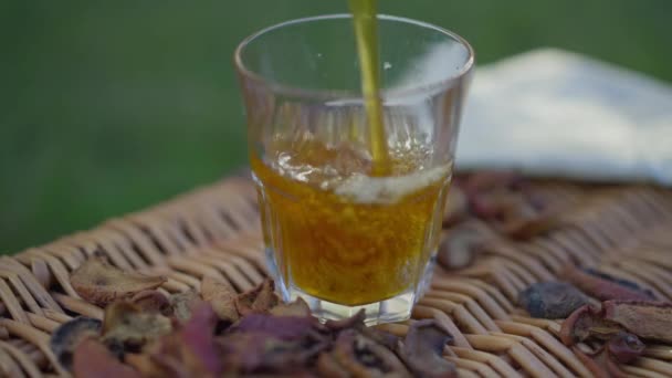 Close-up apple juice pouring in glass outdoors with dried fruits lying on picnic basket. Healthful organic vitamin drink in park forest backyard. — Stock Video