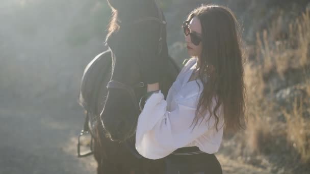 Cara de cavalo de acariciamento equestre profissional confiante em pé em raios de sol ao ar livre. Câmera ao vivo se move em torno de mulher caucasiana com tatuagem Felicidade em russo e garanhão de raça pura em câmera lenta. — Vídeo de Stock