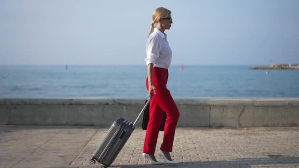 Vista laterale di splendida donna d'affari sottile e sicura di sé con borsa da viaggio che cammina al rallentatore lungo l'argine blu del Mediterraneo. Elegante bella signora con bagagli passeggiando il giorno d'estate. — Video Stock