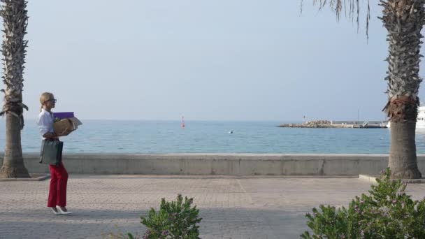 Wide shot landscape of Mediterranean sea with slim sad businesswoman entering on the left with box looking around. Fired upset Caucasian woman admiring beauty of nature on embankment. Slow motion. — Stock Video