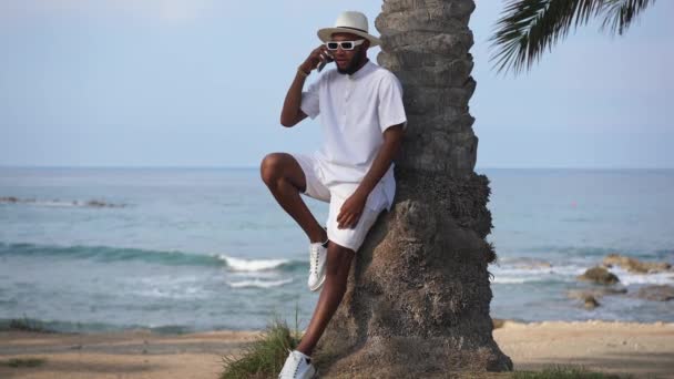 Problémový Afroameričan stojí u palmy a mluví do telefonu s malebným Středozemním mořem na pozadí. Široký portrét stresovaných tisíciletých turistů venku. Zpomalený pohyb. — Stock video