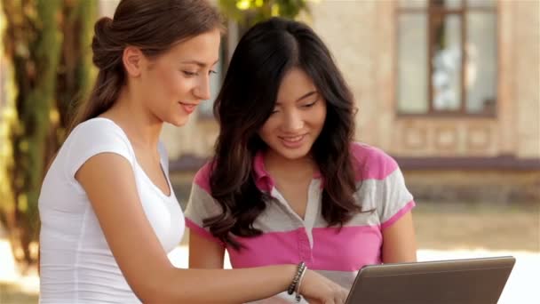 Dos hermosas chicas estudiando al aire libre — Vídeos de Stock