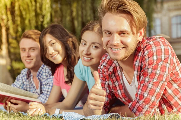 Estudiantes preparándose para los exámenes juntos en el parque — Foto de Stock