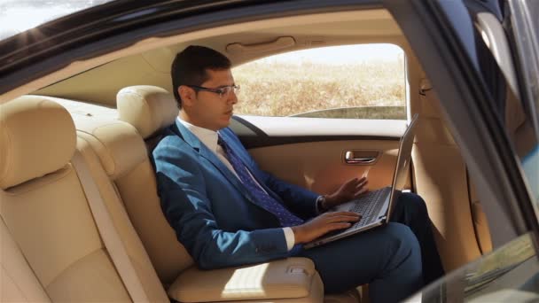 Businessman working on the computer in back seat — Stock Video