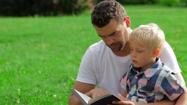 Father and son reading book in park — Stock Video