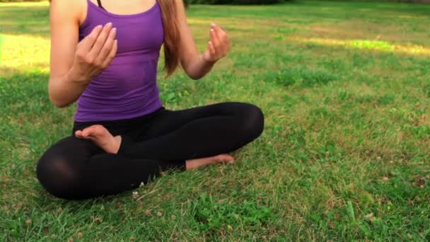 Mladá dívka dělá jógu v parku — Stock video